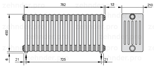 Схема (чертеж) Радиатор Zehnder Charleston 6045/17 №3570 Белый глянцевый RAL 9016
